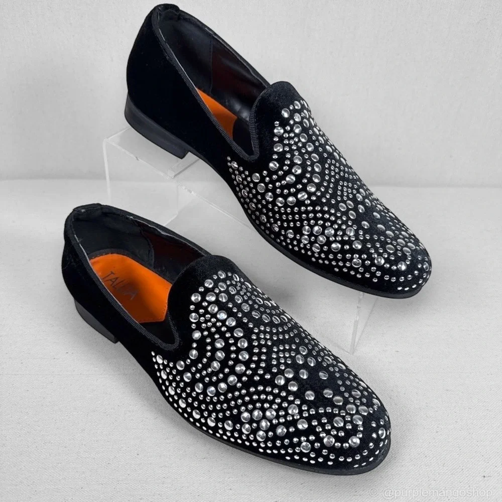 NWOT Tallia Raffaele Velvet Studded Smoking Slipper Loafers |‎ Black | Men's 8